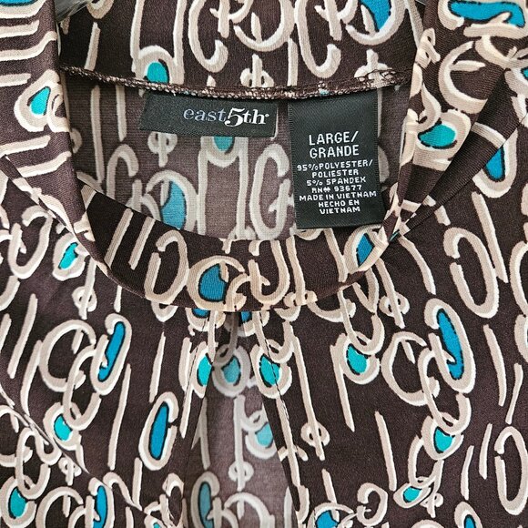 east5th Women`s Short Sleeve Brown Multi Print Keyhole Shirt Top Size L - Picture 3 of 5